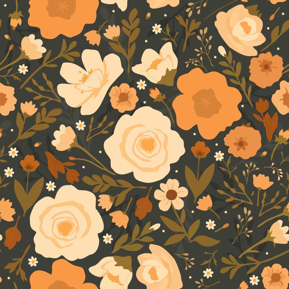 seamless floral pattern with beige and orange flowers on dark background vector