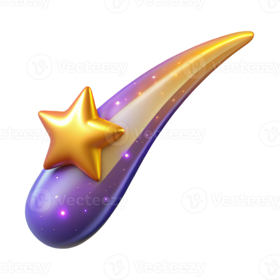 3D Render Golden Star on Purple Comet Tail png