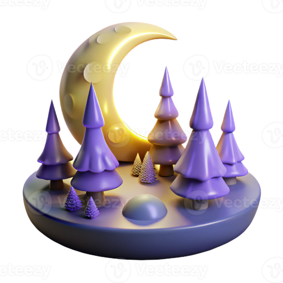 dramatic contemporary 3D Night Scene Illustration Crescent Moon and Purple Trees high resolution png