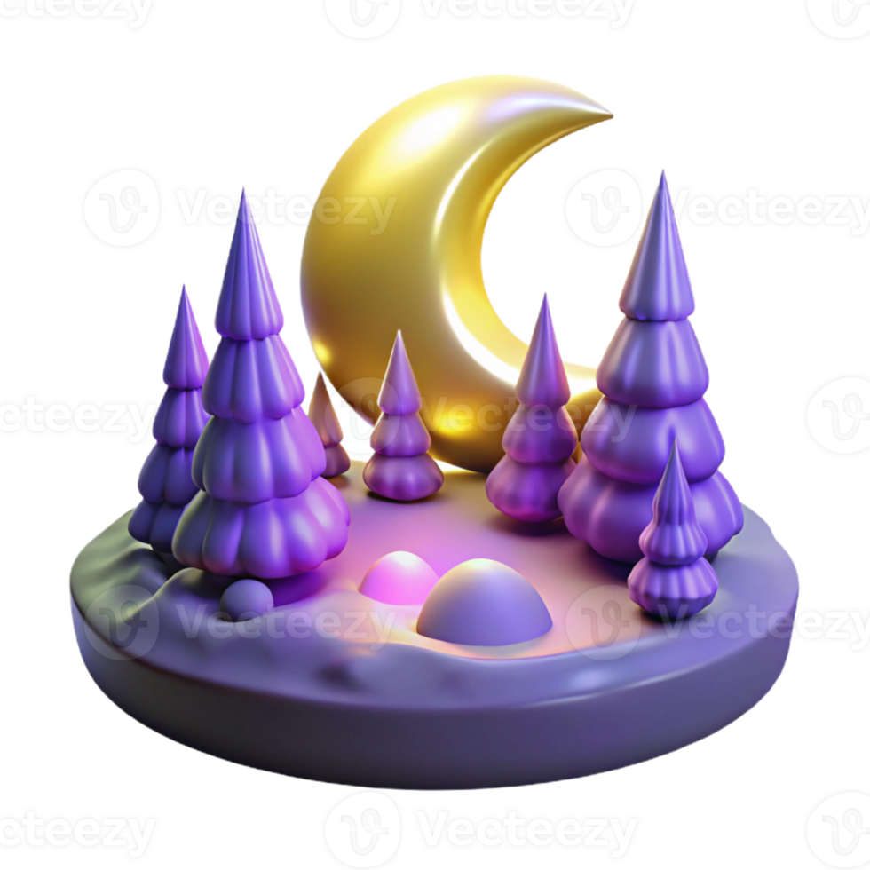 3D Render Night Scene Purple Trees Golden Moon png