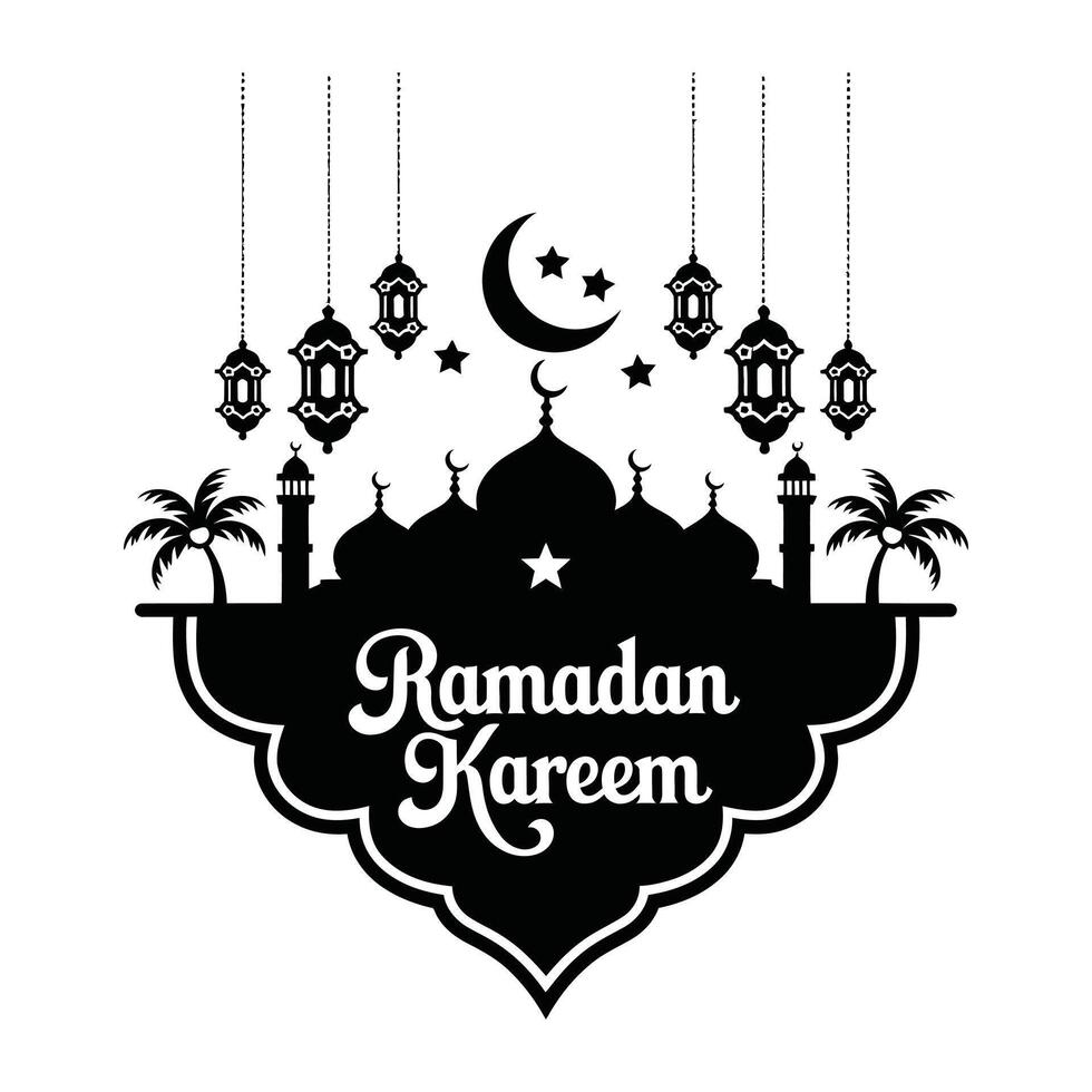 Black and white Ramadan Kareem graphic design with mosque and lanterns. vector