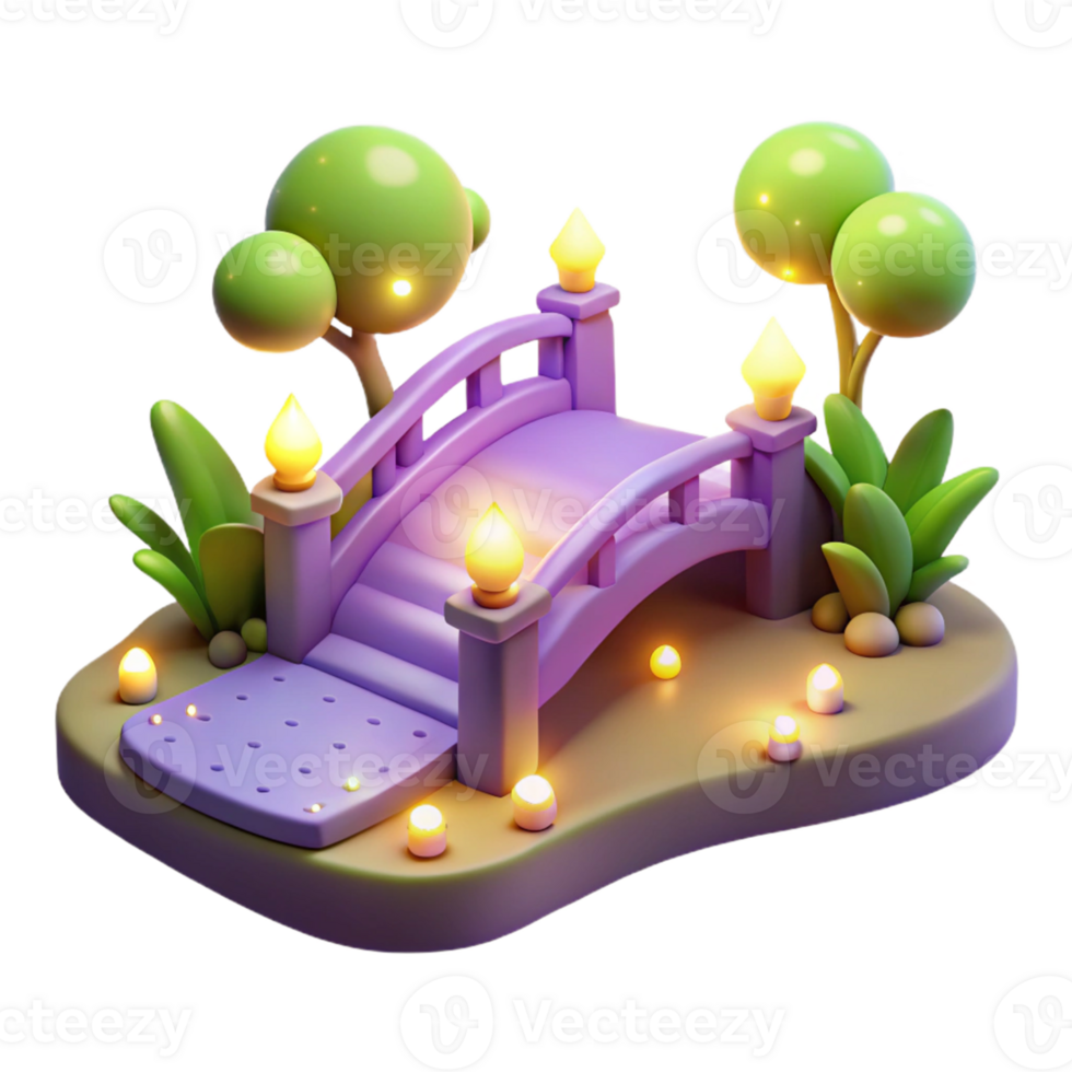 3D Render of Illuminated Bridge in Garden png