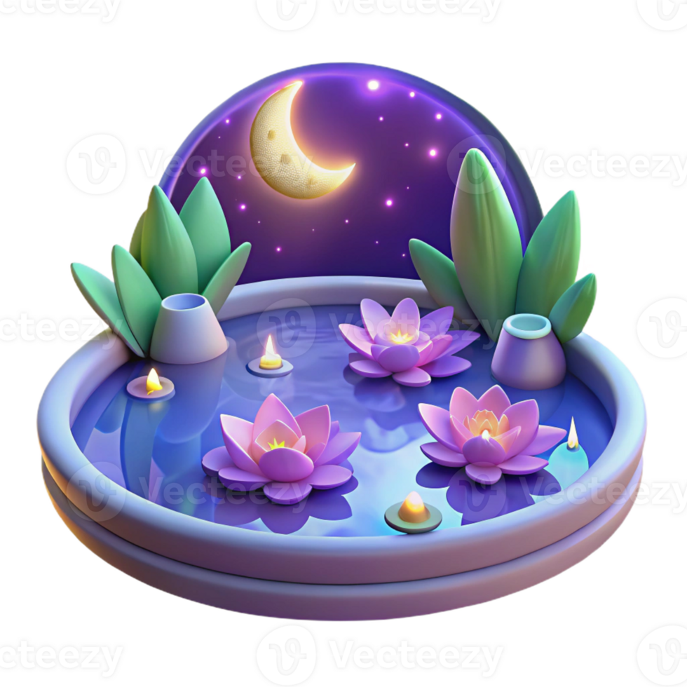 beautiful rustic 3D Lotus Pond Night Scene Illustration premium png