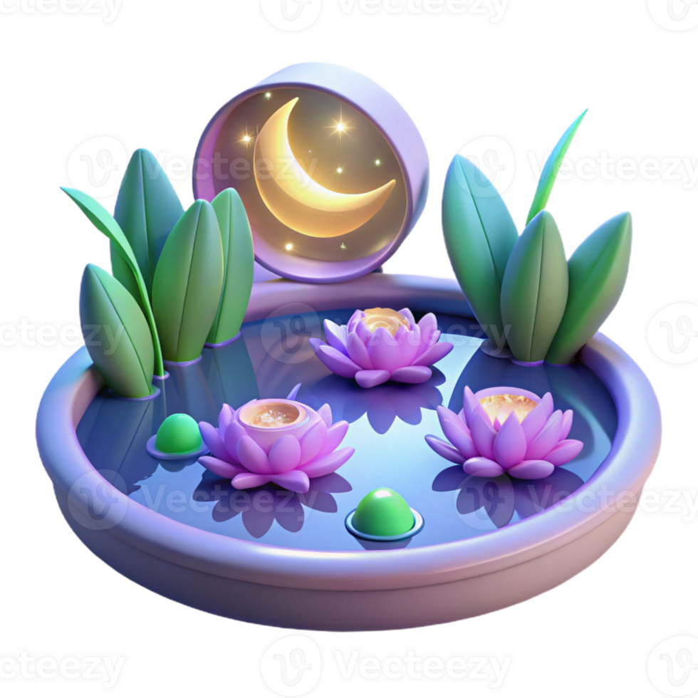 magnificent rustic Serene Moonlit Lotus Pond 3D Illustration premium png