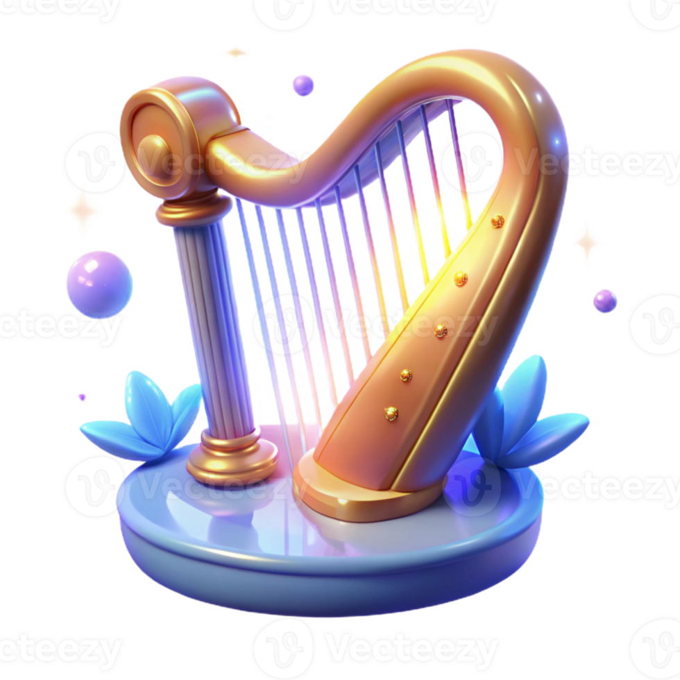 extraordinary artistic Golden Harp 3D Render original png