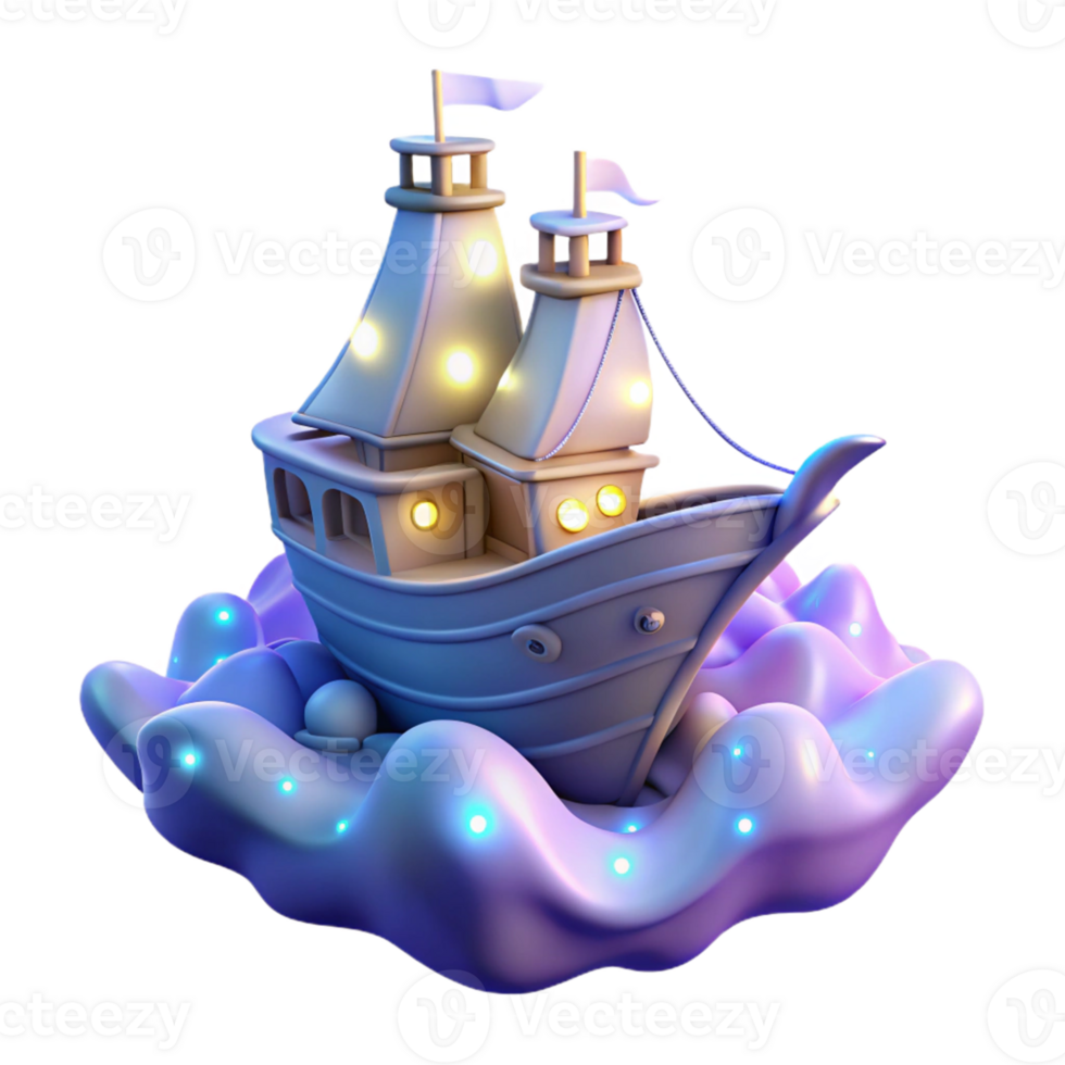 3D Render of Illuminated Ship on Abstract Waves png