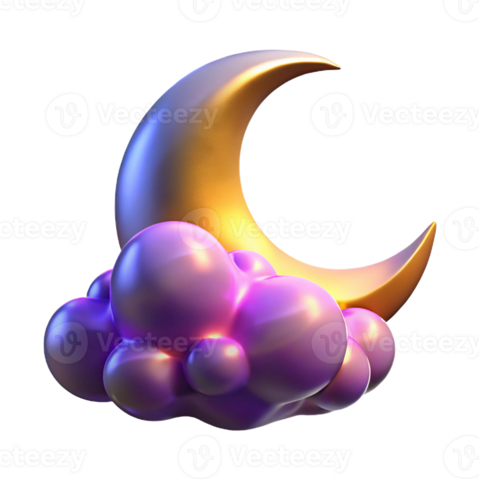 3D Golden Crescent Moon on Purple Clouds png