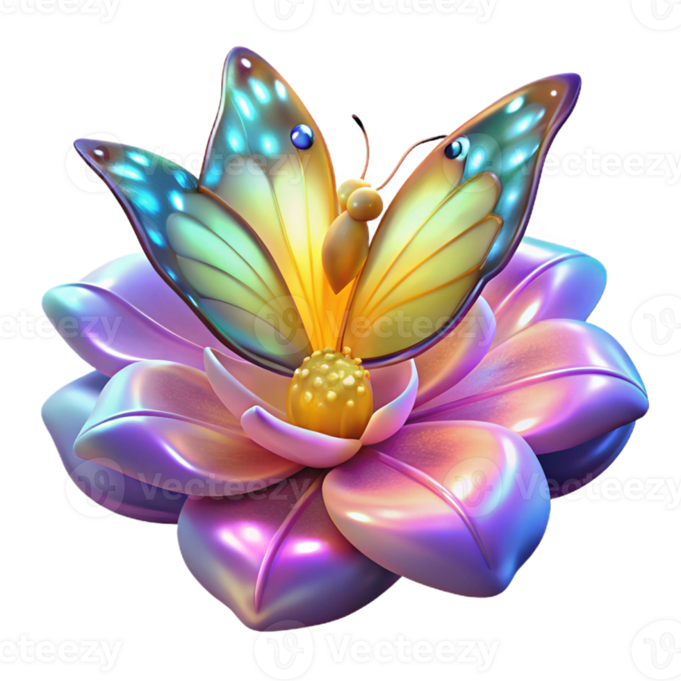 extraordinary modern 3D Render of iridescent butterfly on flower original png