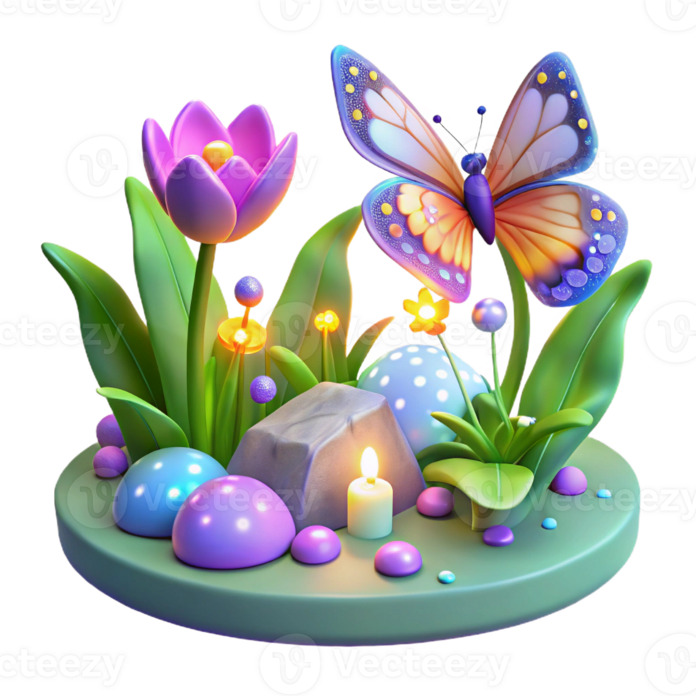 vibrant modern 3D Render Enchanted Garden Scene with Butterfly high quality png