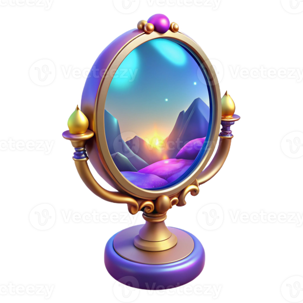 extraordinary artistic 3D Render of Ornate Mirror Reflecting Sunset Landscape high quality png