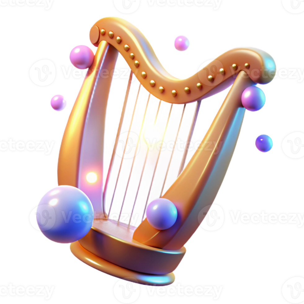 beautiful creative 3D Render of a Golden Harp with Floating Spheres high quality png