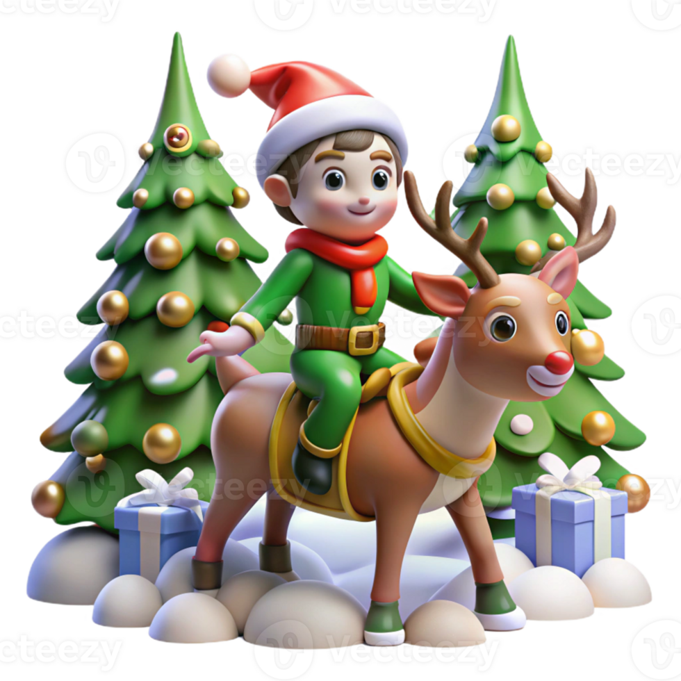 dramatic abstract 3D Christmas Elf on Reindeer with Trees high resolution png