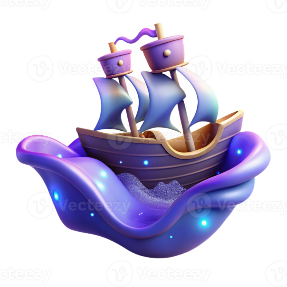 extraordinary vintage 3D Render Cartoon Ship on Purple Waves premium png