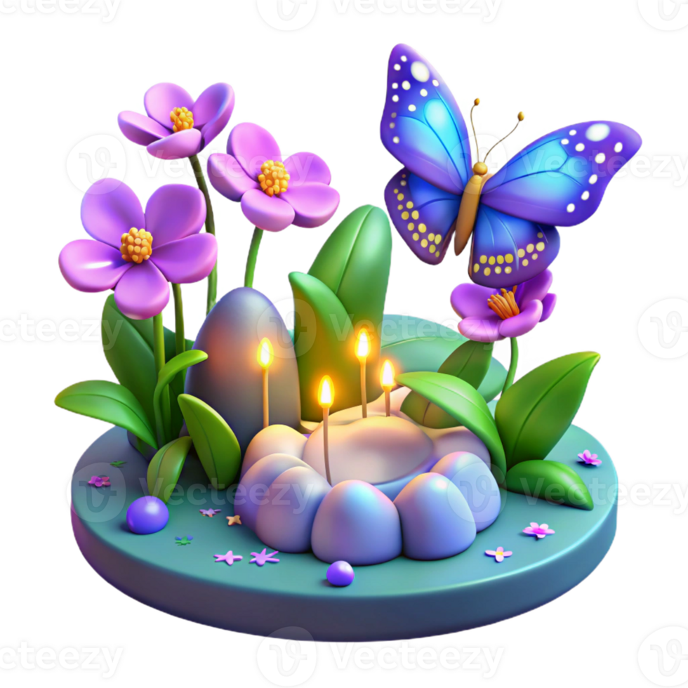 vibrant contemporary 3D Illustration Purple Butterfly and Flowers high resolution png