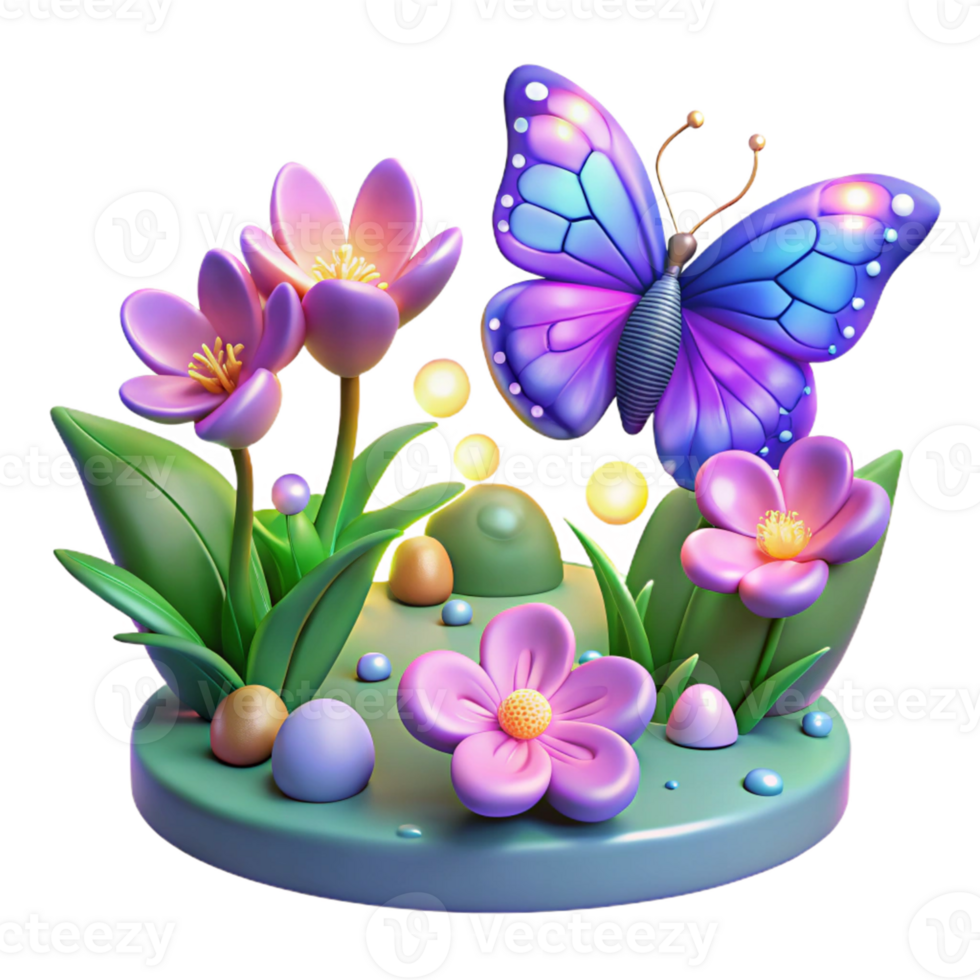 wonderful minimalist 3D Render of Butterfly and Flowers exclusive png
