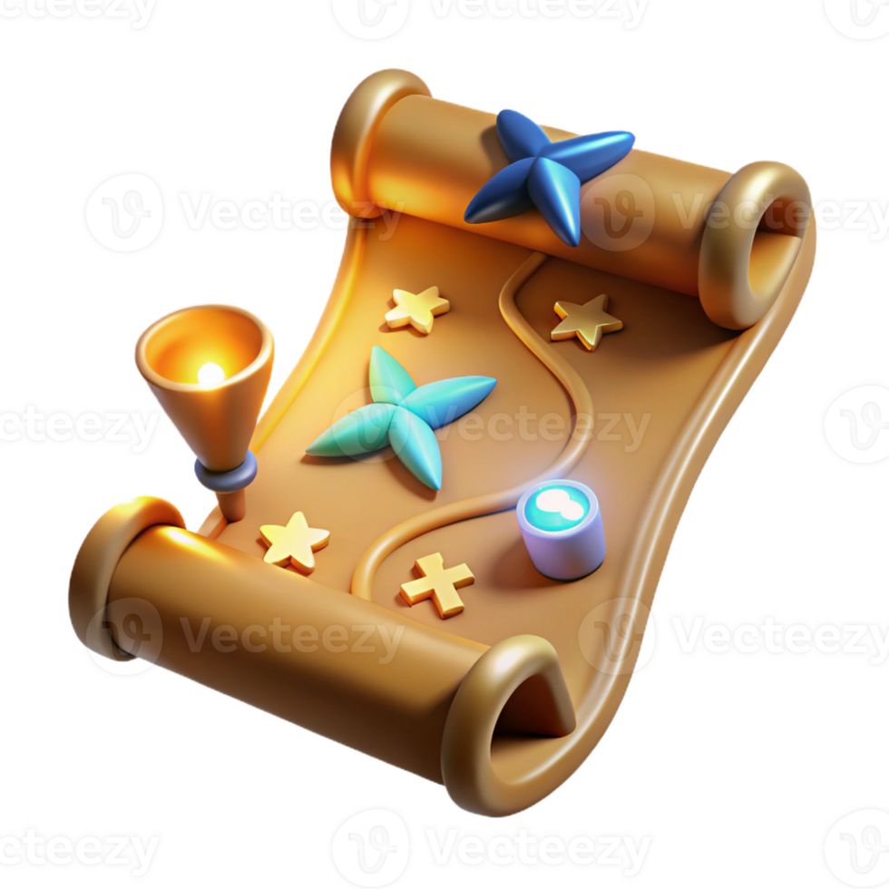 beautiful contemporary 3D Render Fantasy Scroll Map Illustration high quality png
