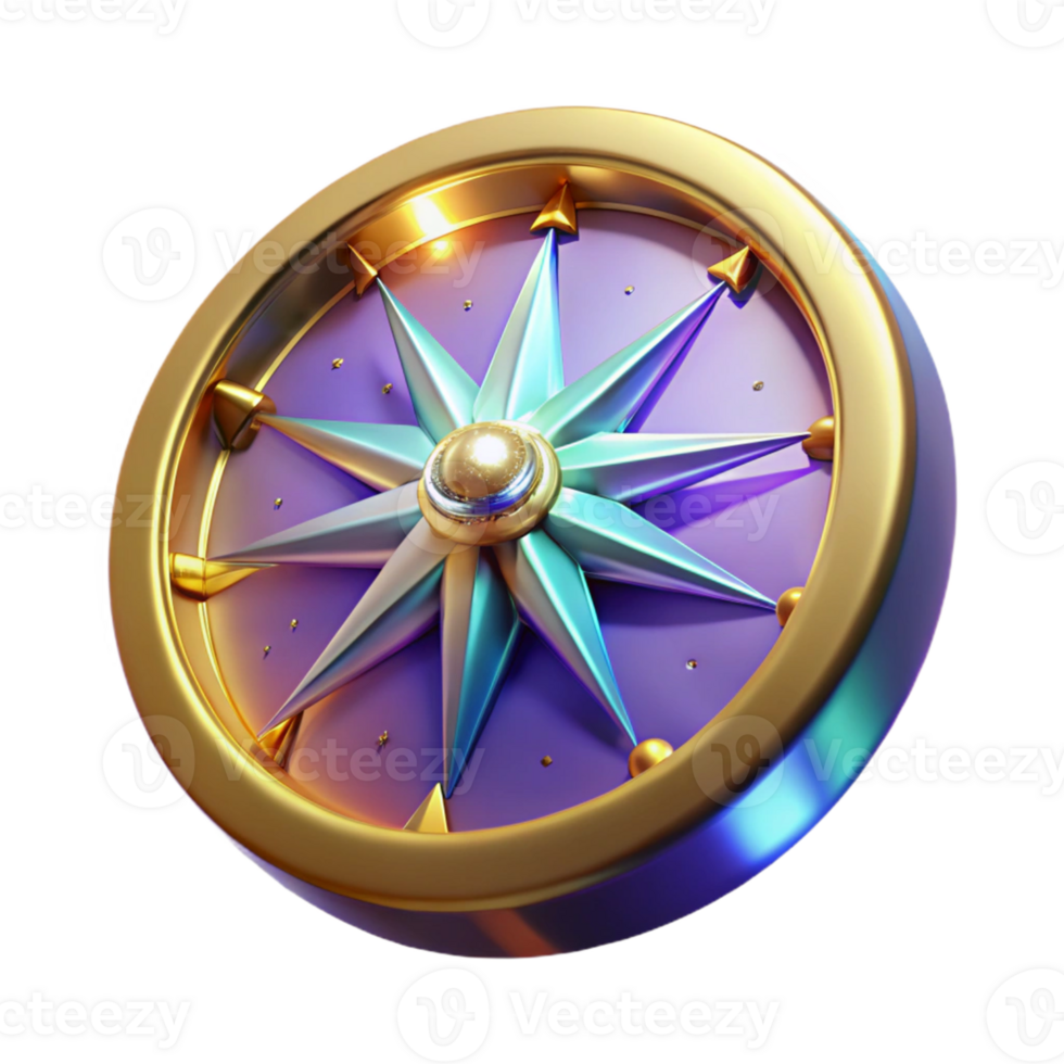 serene minimalist 3D Render of a Gold and Purple Compass Rose professional png