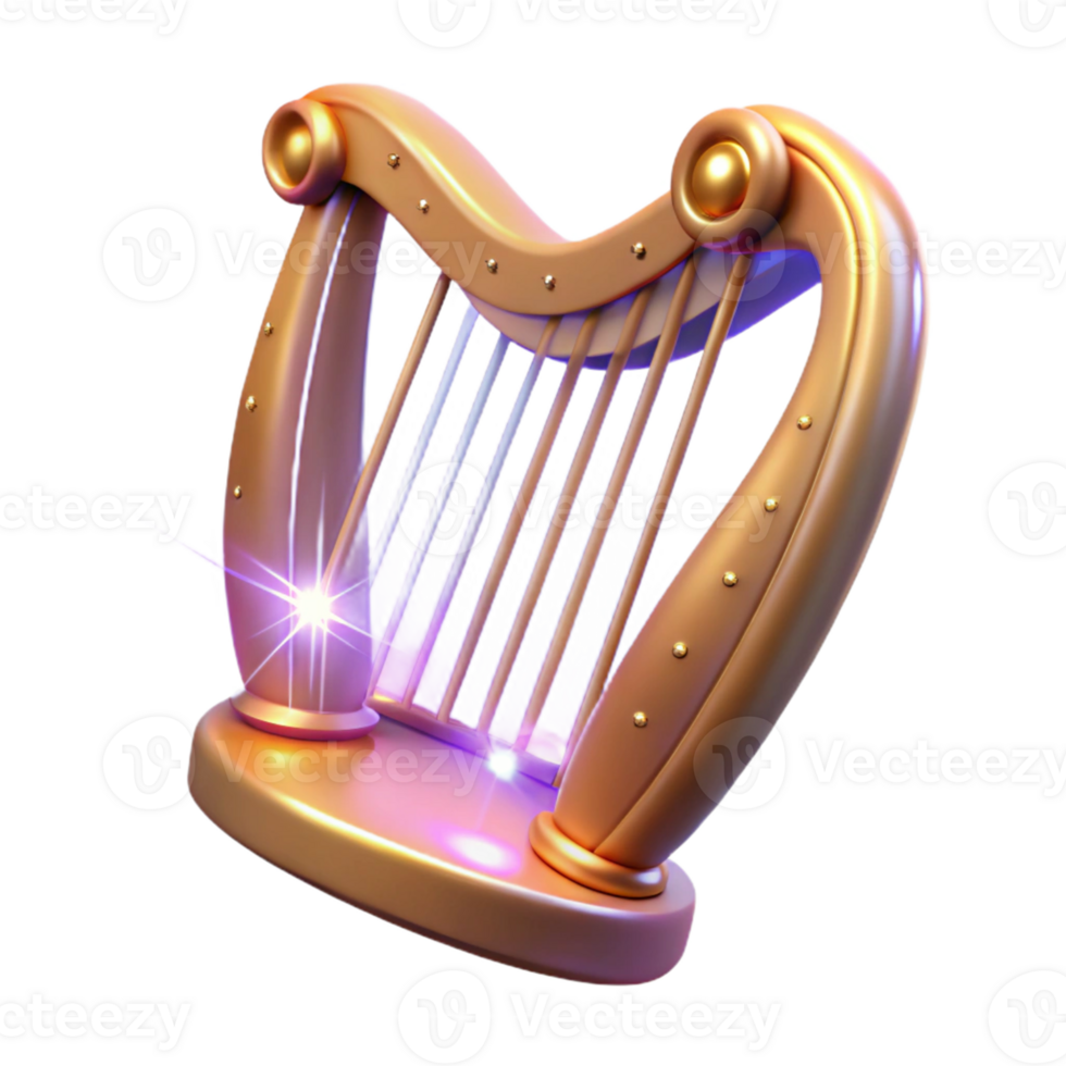 elegant classic Golden Harp 3D Render 4K png