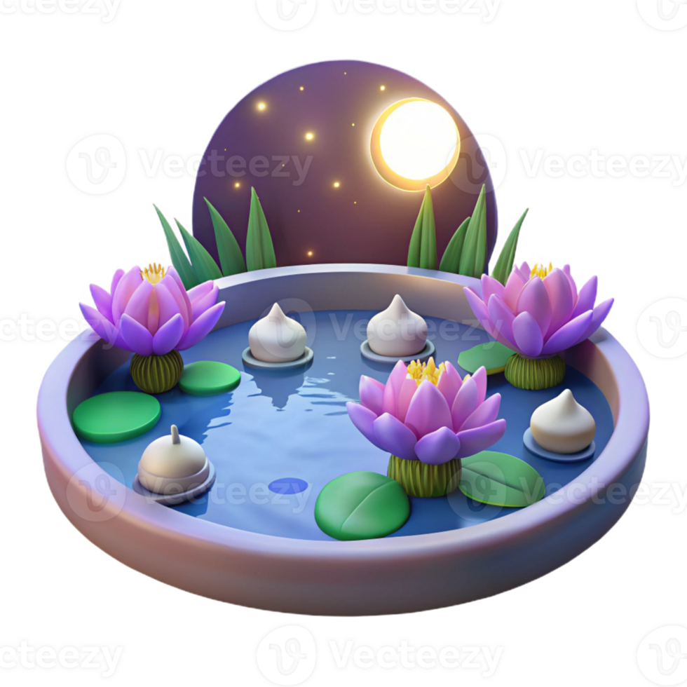 dramatic minimalist 3D Lotus Pond Night Scene Illustration high resolution png