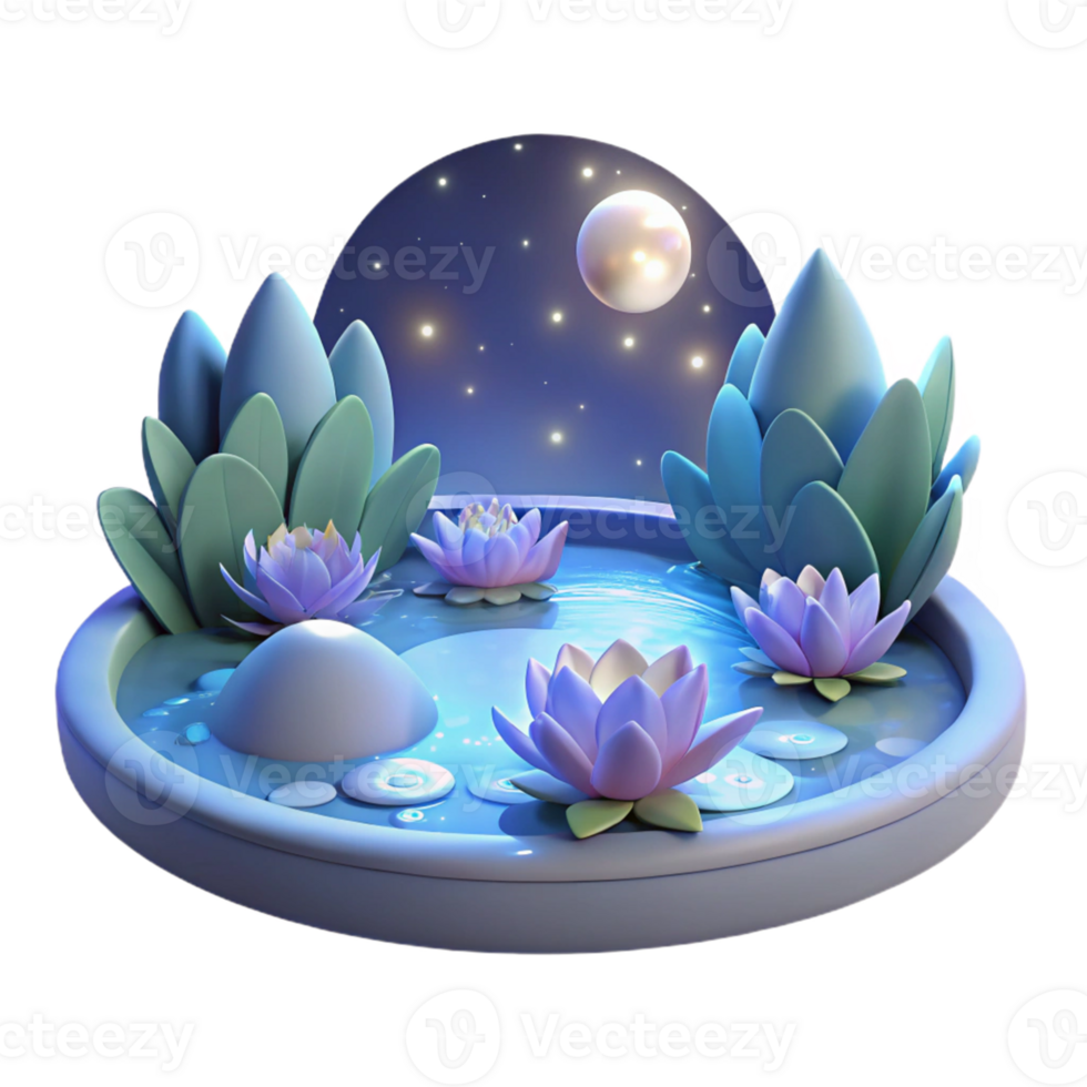 wonderful abstract Serene Moonlit Lotus Pond 3D Illustration 4K png