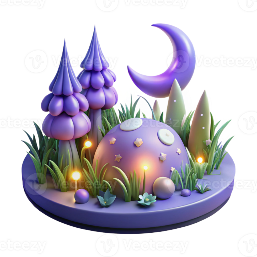 wonderful vintage Enchanted 3D Mushroom Forest Night Scene authentic png