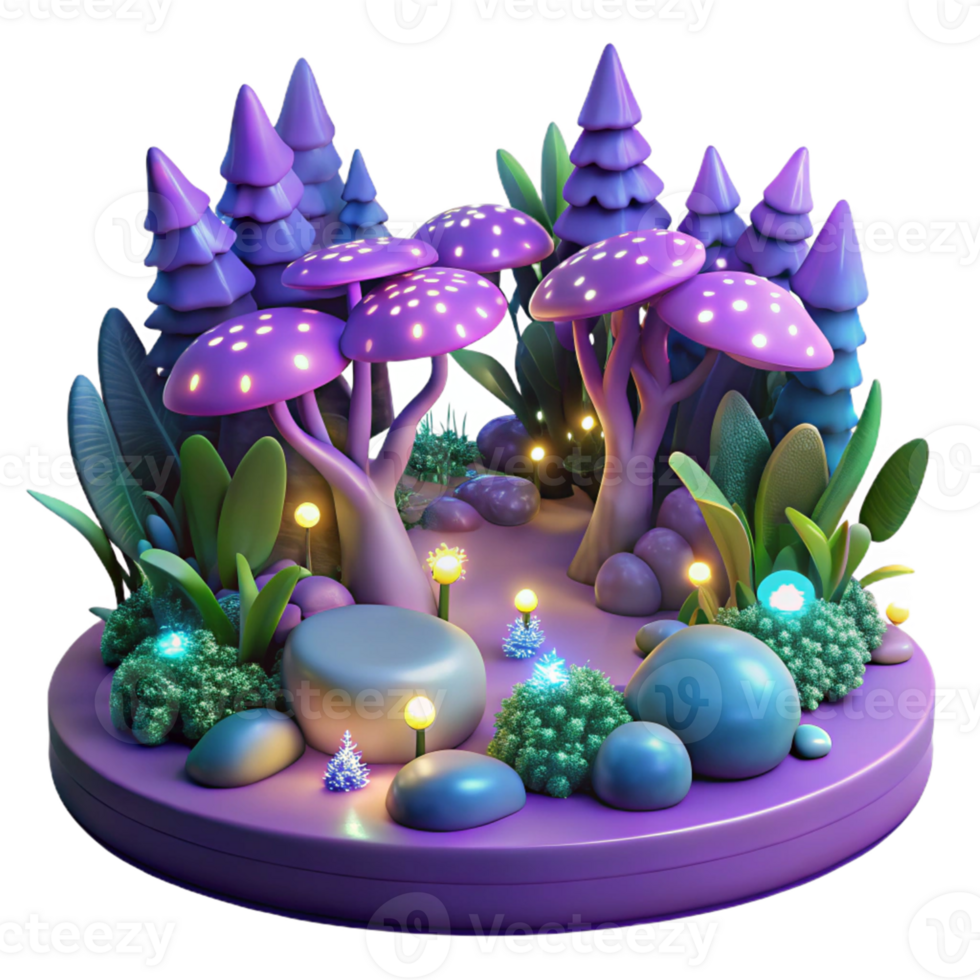 elegant artistic Enchanted 3D Forest Illustration Glowing Mushrooms and Purple Trees 4K png