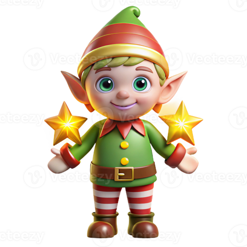 serene contemporary Cheerful 3D Christmas Elf with Stars professional png