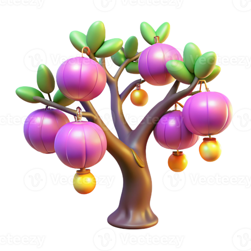 dramatic contemporary 3D Render Cartoon Tree with Purple and Gold Fruits high resolution png