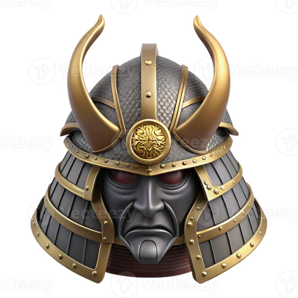 dramatic artistic 3D Samurai Helmet Illustration Gold Accents high quality png