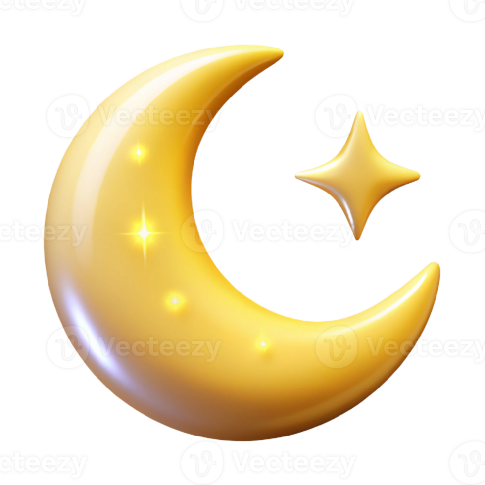 impressive minimalist Golden Crescent Moon and Star 3D Render high quality png