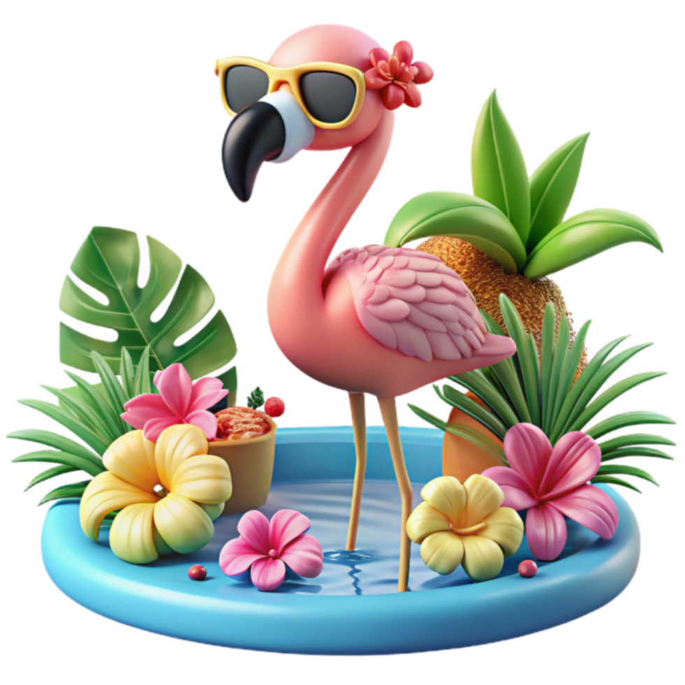 Summer Fun Flamingo in Pool with Tropical Flowers png