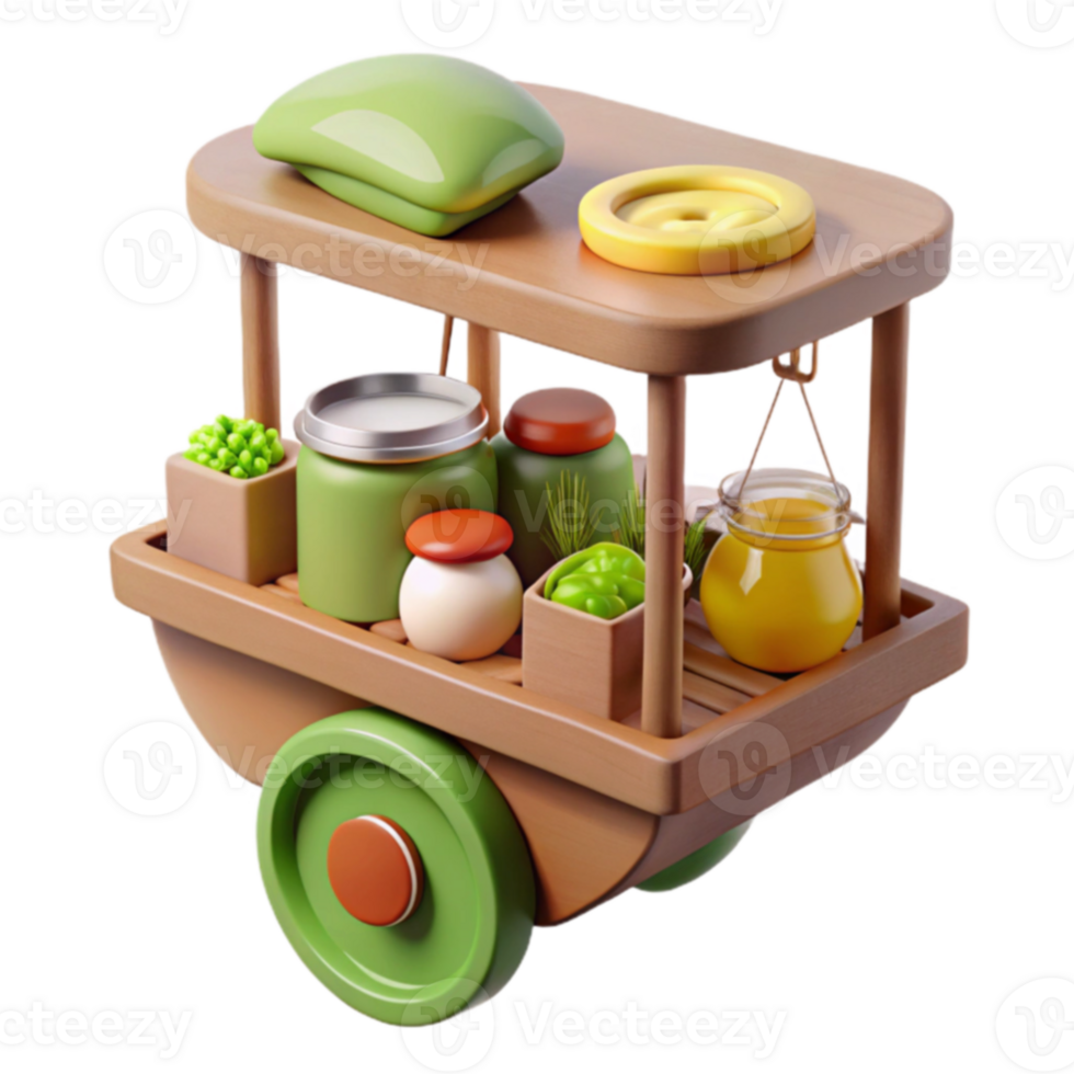 Wooden Cart with Jars, Produce, and Honey png