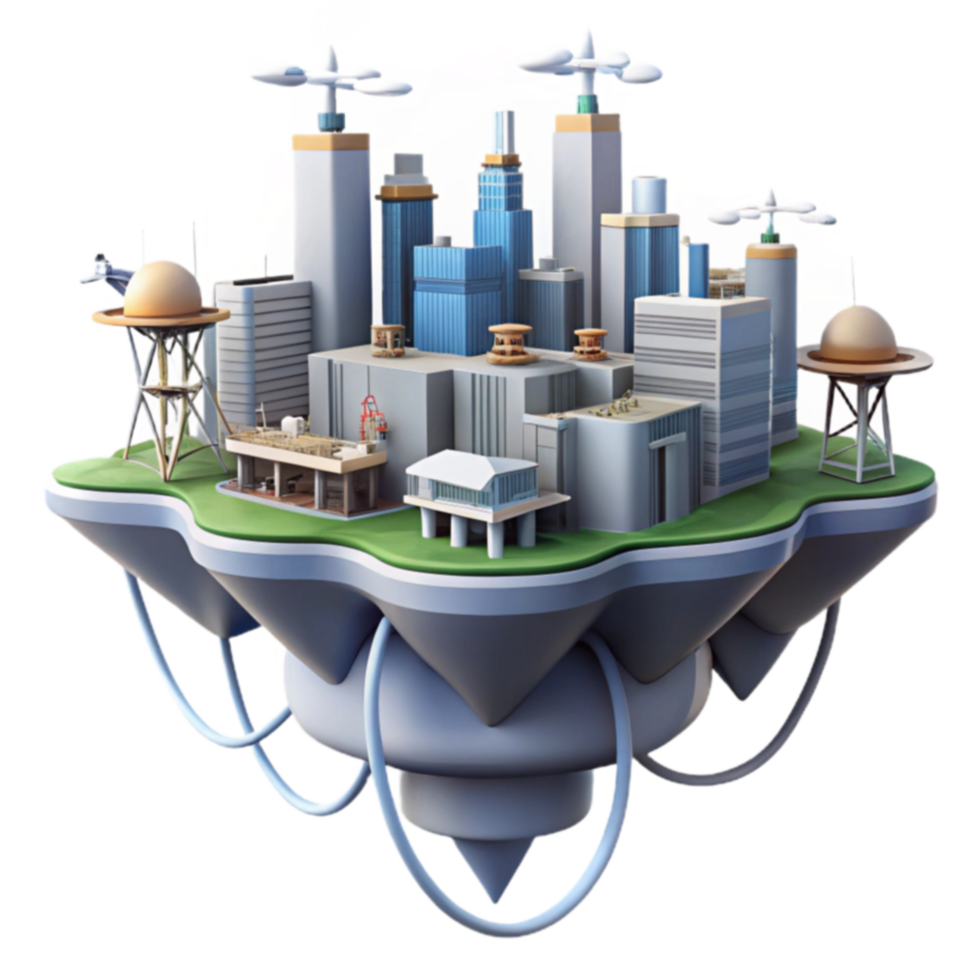 Floating City Urban Design, Sustainable Structures, and Drone Integration png