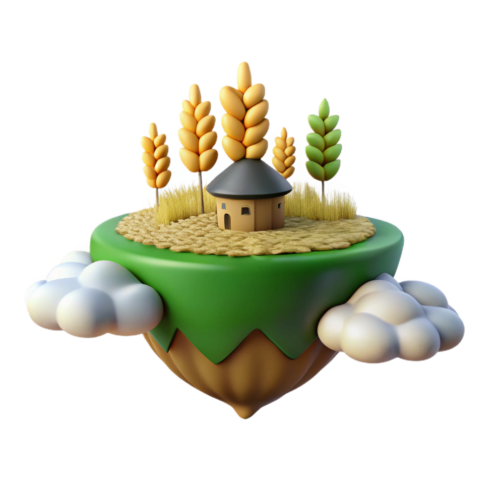 Floating Island Farm House, Wheat, Clouds, 3D Render png