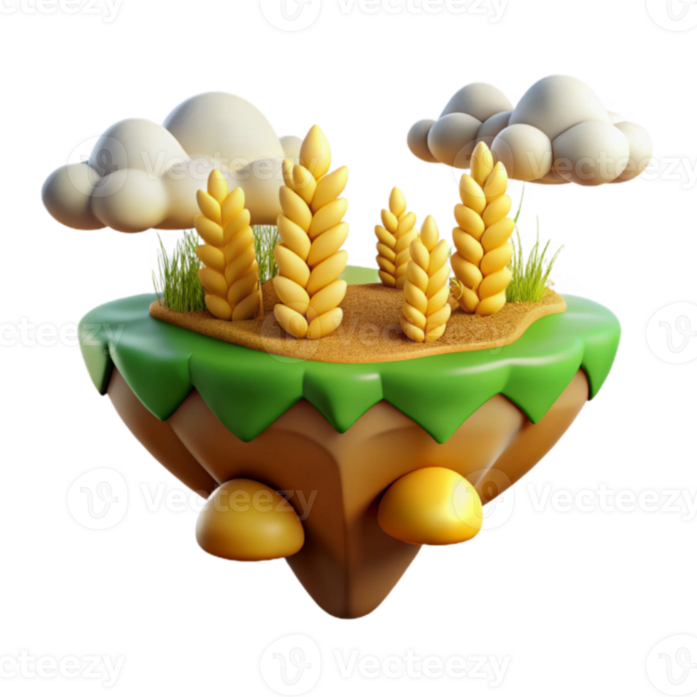 Floating Island Wheat Field 3D Render png