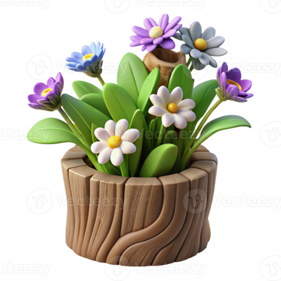 3D Render of Flowers in Wooden Pot png