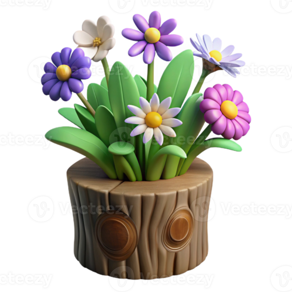 3D Render of Flowers in a Tree Stump png