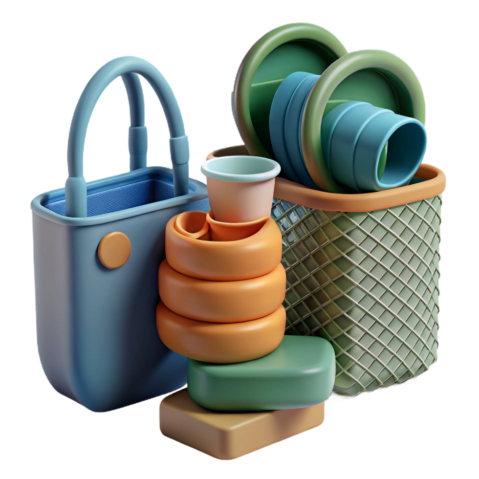 Colorful 3D Render of Stacked Objects, Containers, and Cups png