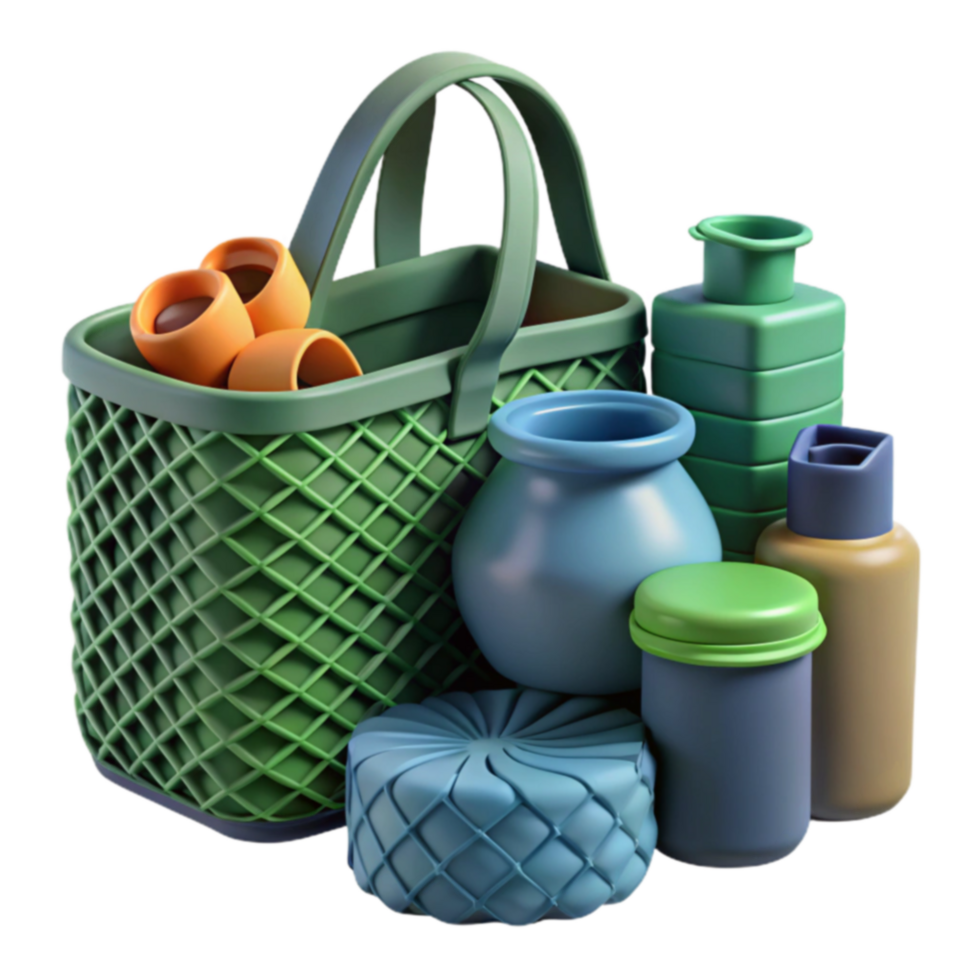 Green Basket with Assorted Containers and Items png
