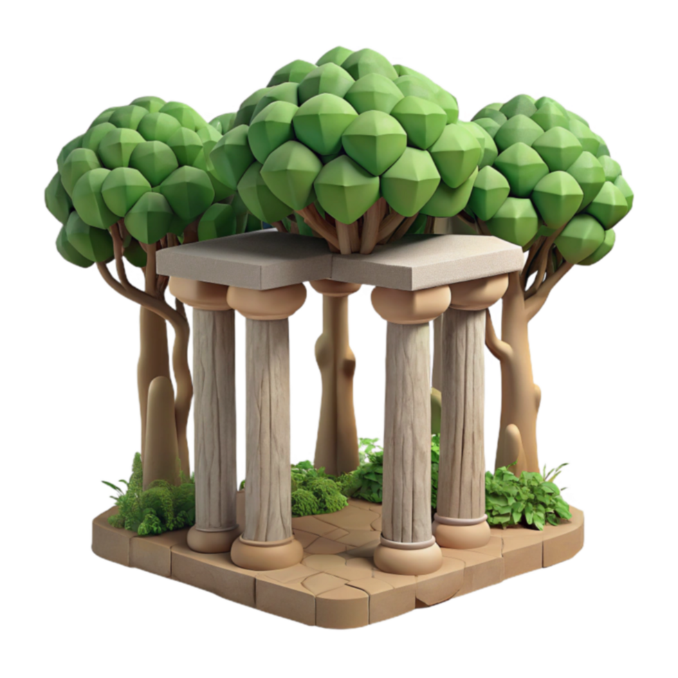 Stylized 3D Render Ancient Columns Lush Greenery png