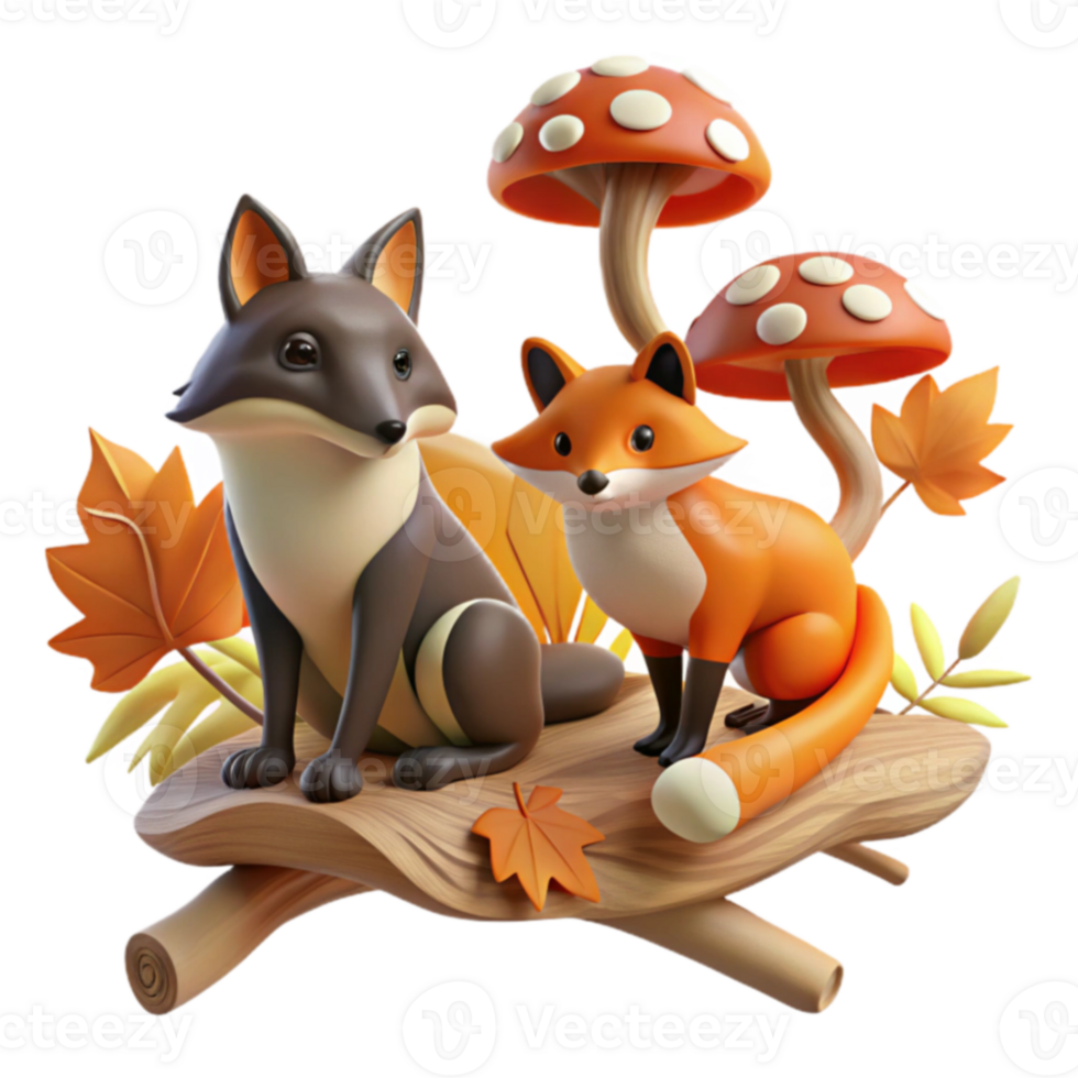 Autumn Foxes on Mushroom Log 3D Render png