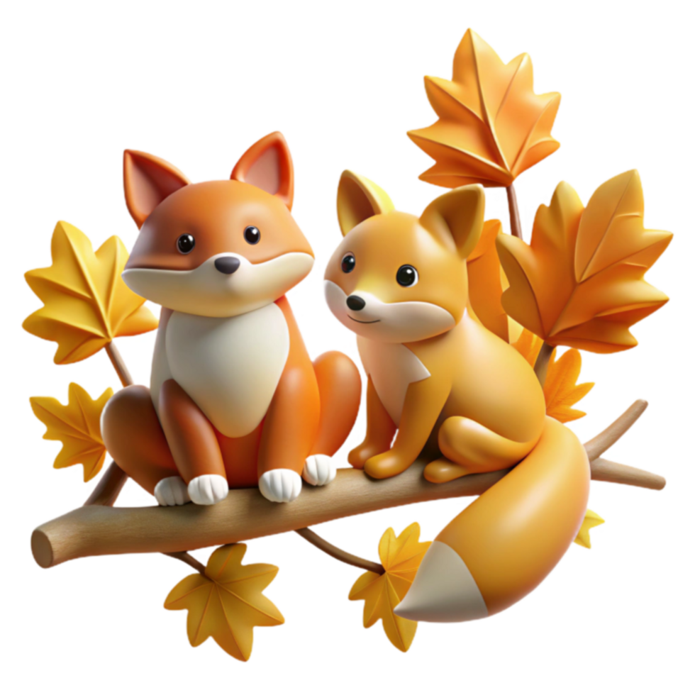 Adorable Fox Duo on Autumn Branch png