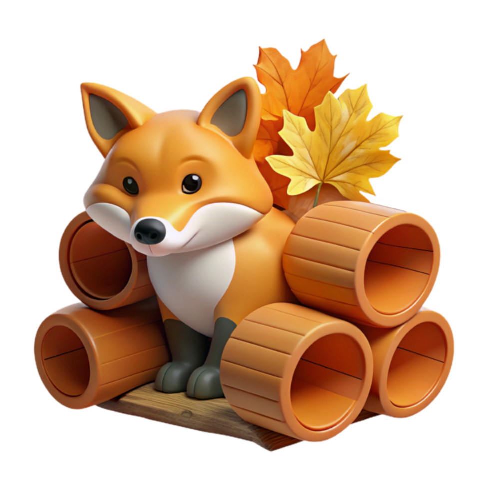 Autumn Fox with Logs and Leaves 3D Render png