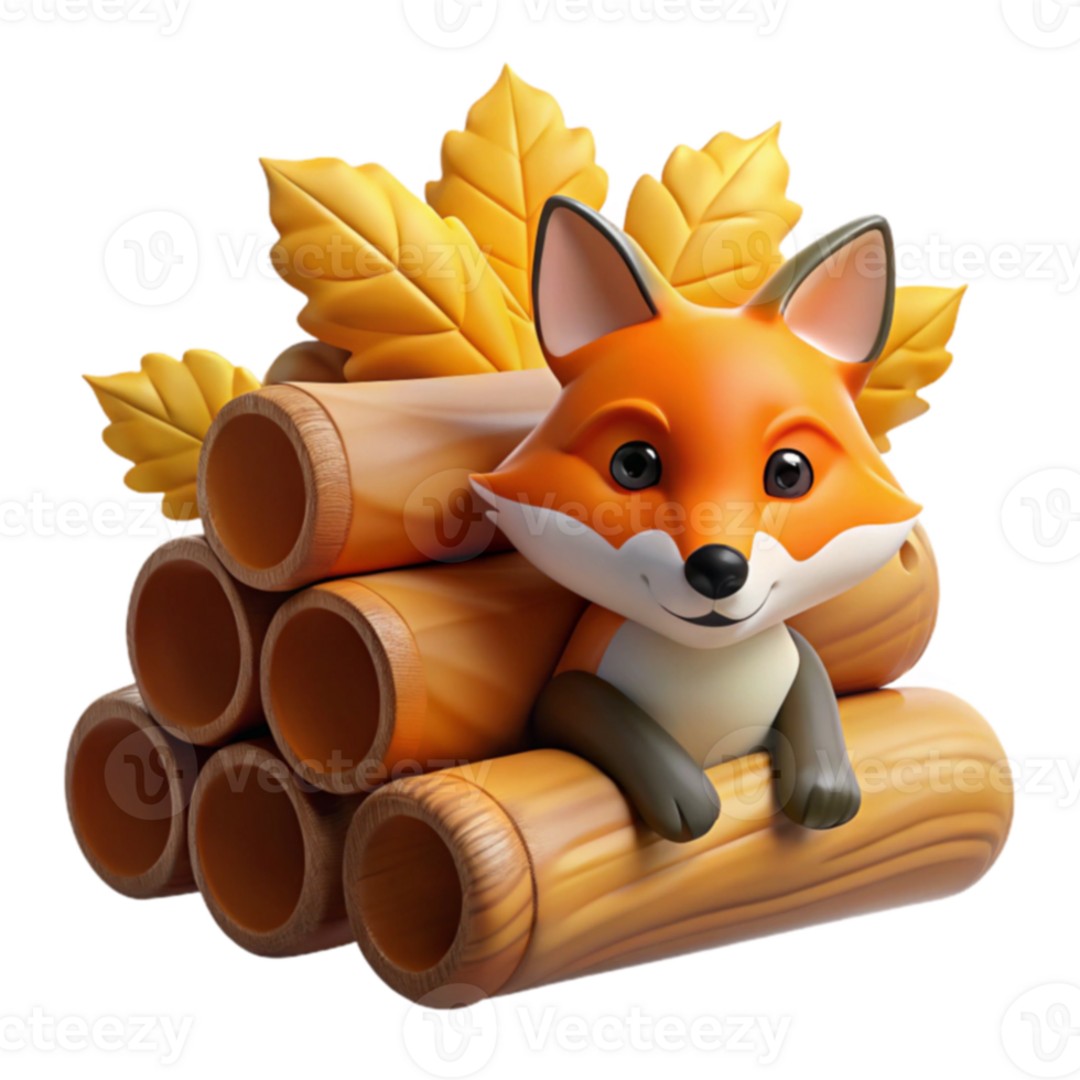 Autumn Fox on Log Pile 3D Render png