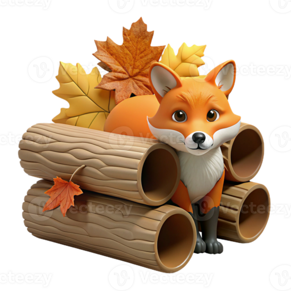 Autumn Fox in Log Pile 3D Render png