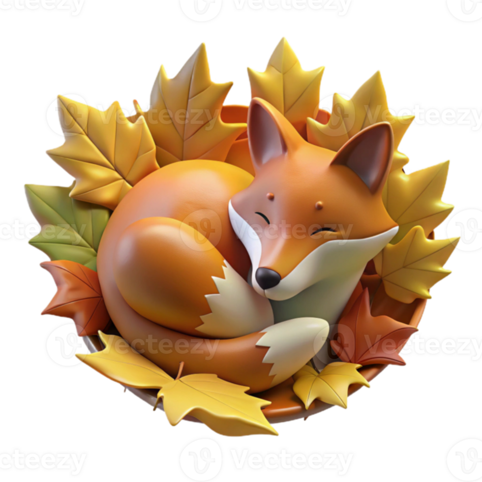 Autumn Fox 3D Render of Sleeping Fox Amidst Fall Leaves png