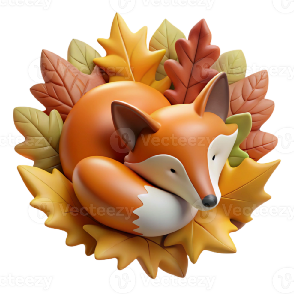 Autumn Fox 3D Render of a Sleeping Fox Among Fall Leaves png