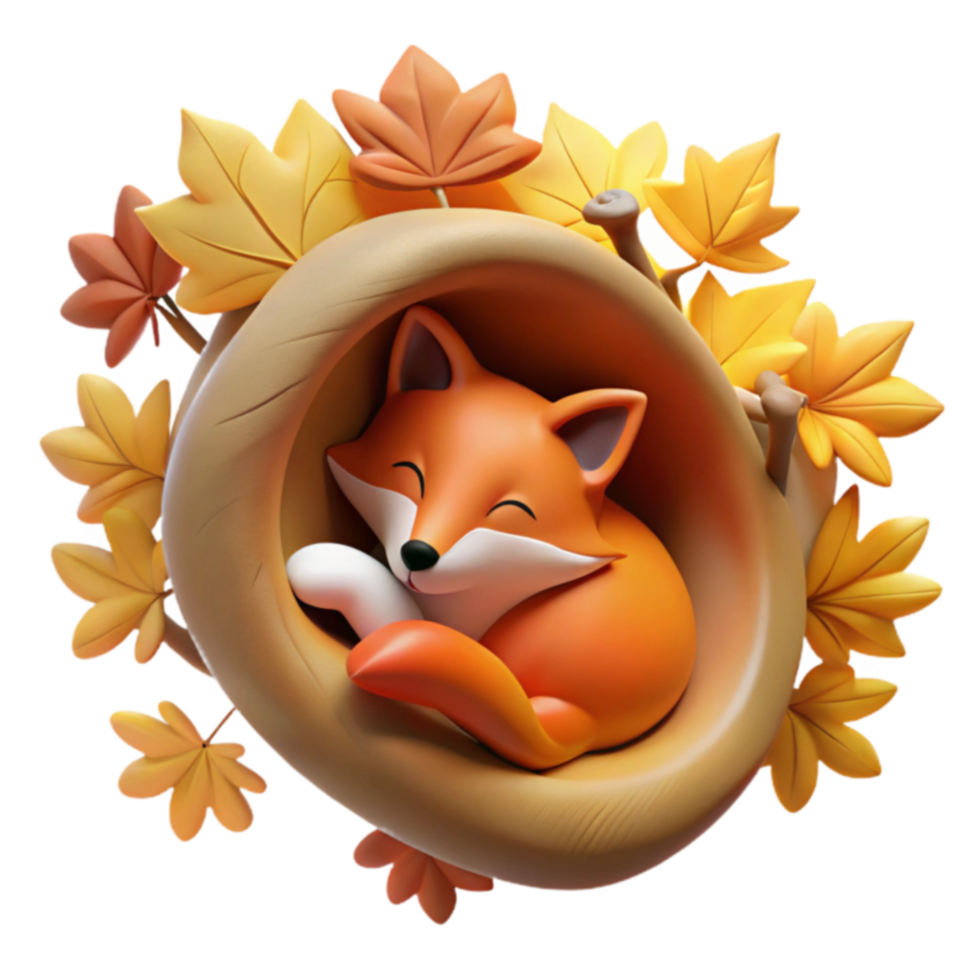 Autumn Fox Sleeping in Hollow Log 3D Render png