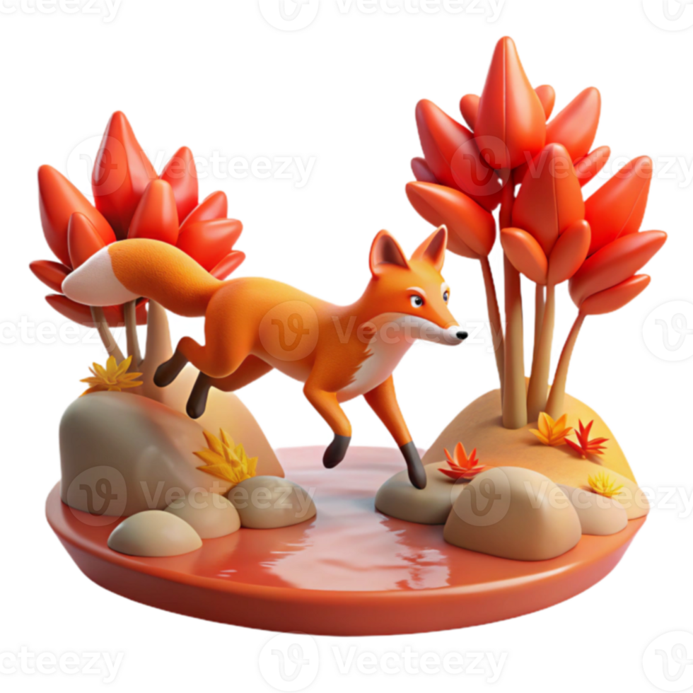 Autumn Fox 3D Render of Fox Leaping in Fall Scene png