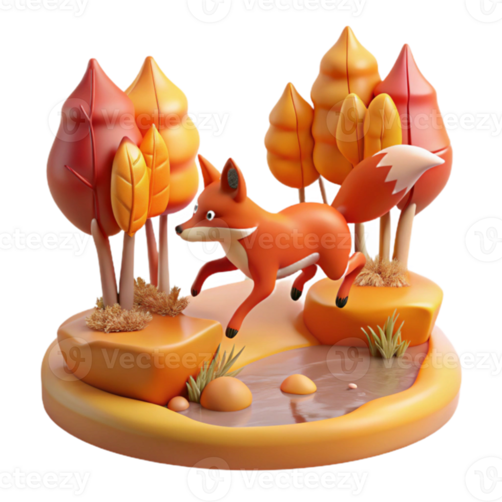 Autumn Fox Leaping 3D Render of Fox in Fall Forest png